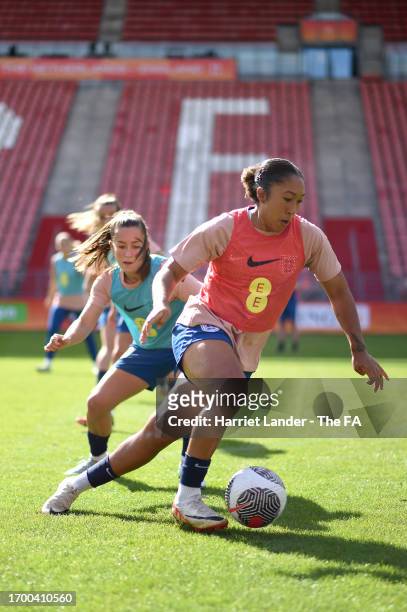 Lauren James of England controls the ball during a training session at Stadium Galgenwaard on September 25, 2023 in Utrecht, Netherlands.