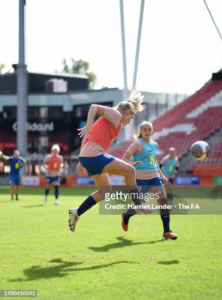 Laura Coombs of England controls the ball during a training session at Stadium Galgenwaard on September 25, 2023 in Utrecht, Netherlands.