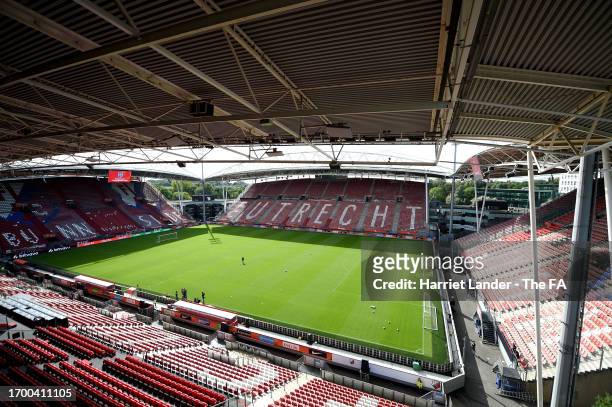 General view in the stadium prior to a training session at Stadium Galgenwaard on September 25, 2023 in Utrecht, Netherlands.