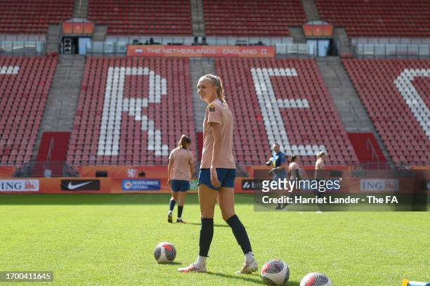 Esme Morgan of England reacts during a training session at Stadium Galgenwaard on September 25, 2023 in Utrecht, Netherlands.