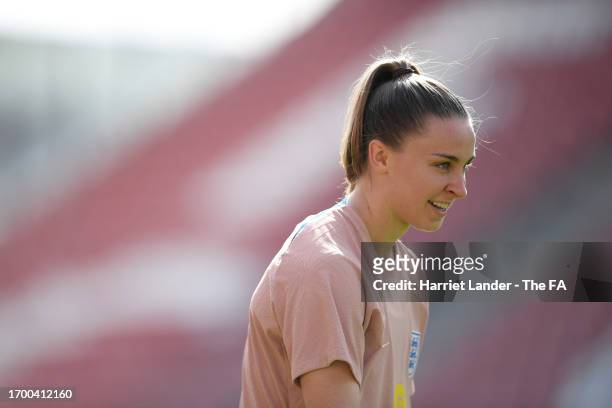 Niamh Charles of England reacts during a training session at Stadium Galgenwaard on September 25, 2023 in Utrecht, Netherlands.