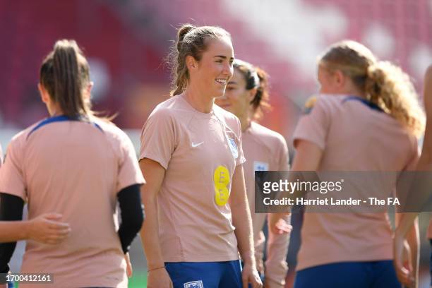 Lucy Parker of England reacts during a training session at Stadium Galgenwaard on September 25, 2023 in Utrecht, Netherlands.