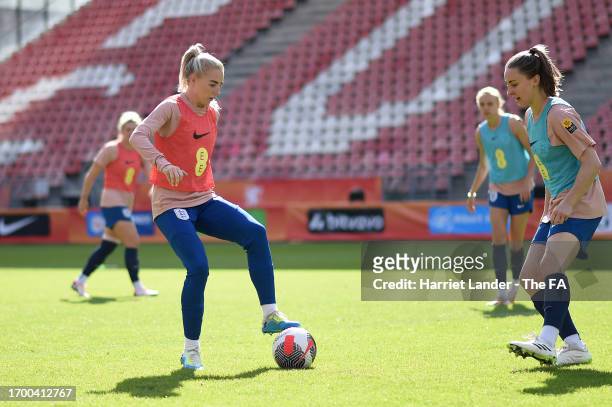 Alex Greenwood of England controls the ball during a training session at Stadium Galgenwaard on September 25, 2023 in Utrecht, Netherlands.