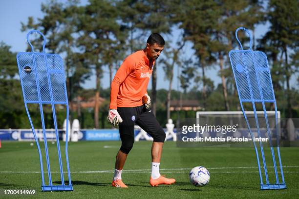Emil Audero of FC Internazionale in action during the FC Internazionale training session at Suning Training Centre at Appiano Gentile on September...