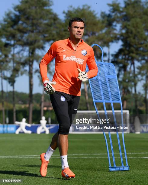 Emil Audero of FC Internazionale looks on during the FC Internazionale training session at Suning Training Centre at Appiano Gentile on September 25,...