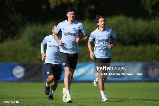 Alessandro Bastoni of FC Internazionale in action during the FC Internazionale training session at Suning Training Centre at Appiano Gentile on...