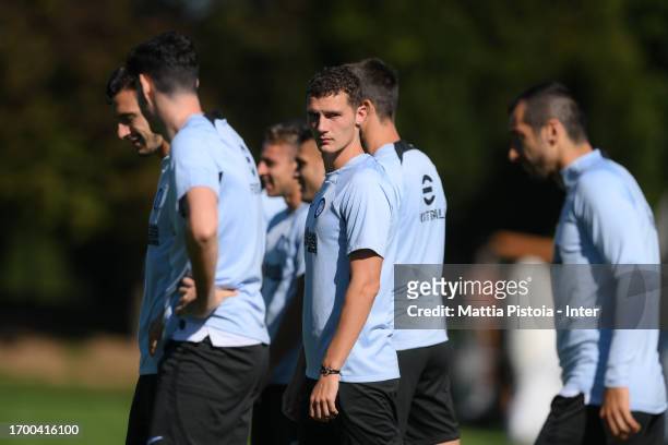 Benjamin Pavard of FC Internazionale looks on during the FC Internazionale training session at Suning Training Centre at Appiano Gentile on September...