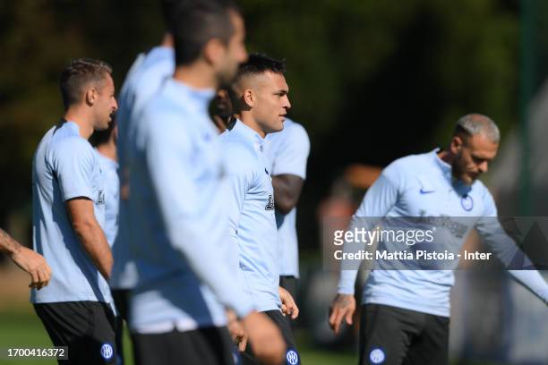 Lautaro Martinez of FC Internazionale looks on during the FC Internazionale training session at Suning Training Centre at Appiano Gentile on...