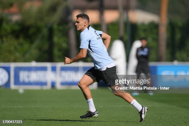 Kristjan Asllani of FC Internazionale in action during the FC Internazionale training session at Suning Training Centre at Appiano Gentile on...