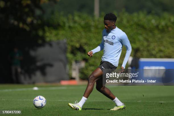 Lucien Agoumè of FC Internazionale in action during the FC Internazionale training session at Suning Training Centre at Appiano Gentile on September...