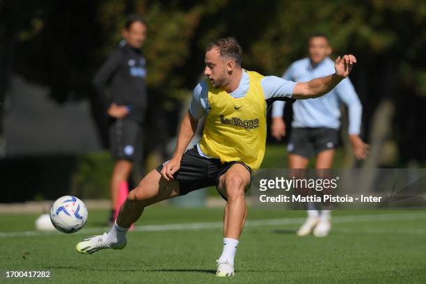 Carlos Augusto of FC Internazionale in action during the FC Internazionale training session at Suning Training Centre at Appiano Gentile on September...