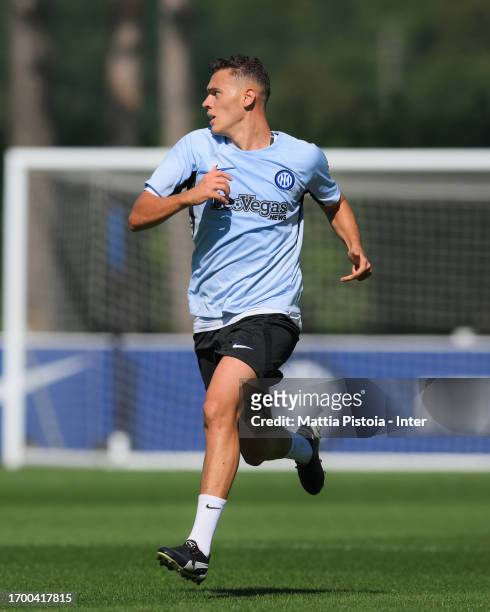 Kristjan Asllani of FC Internazionale in action during the FC Internazionale training session at Suning Training Centre at Appiano Gentile on...