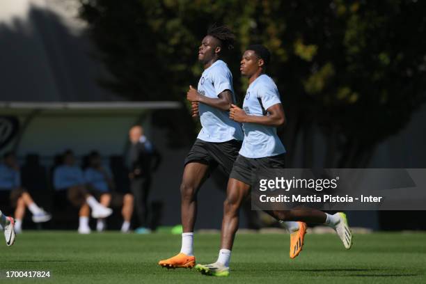 Yann Aurel Bisseck of FC Internazionale in action during the FC Internazionale training session at Suning Training Centre at Appiano Gentile on...