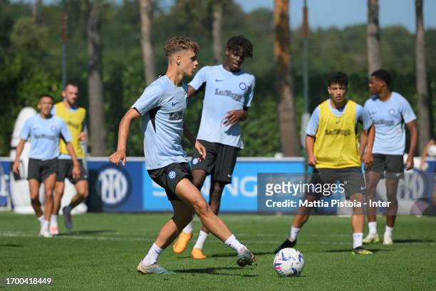 Tommaso Guercio of FC Internazionale in action during the FC Internazionale training session at Suning Training Centre at Appiano Gentile on...