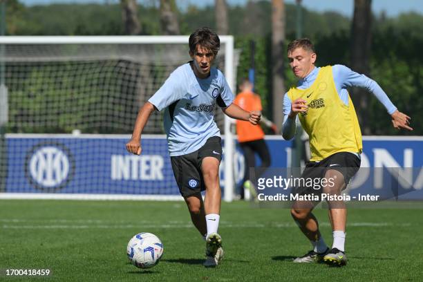 Tommaso Ricordi of FC Internazionale in action during the FC Internazionale training session at Suning Training Centre at Appiano Gentile on...