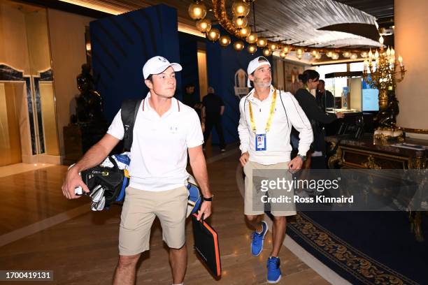 Viktor Hovland of Norway and Team Europe and caddie Shay Knight arrive to the Cavalieri Hotel prior to the 2023 Ryder Cup on September 25, 2023 in...