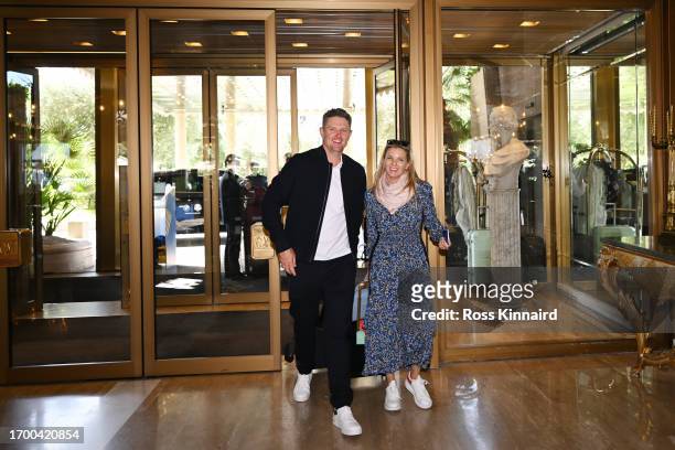Justin Rose of England and Team Europe and wife Kate arrive to the Cavalieri Hotel prior to the 2023 Ryder Cup on September 25, 2023 in Rome, Italy.