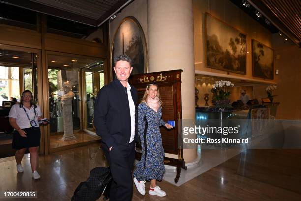Justin Rose of England and Team Europe and wife Kate arrive to the Cavalieri Hotel prior to the 2023 Ryder Cup on September 25, 2023 in Rome, Italy.
