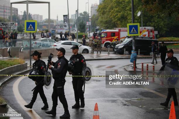 Members of Turkish Police Special Forces secure the area near the Interior Ministry following a bomb attack in Ankara, on October 1 leaving two...