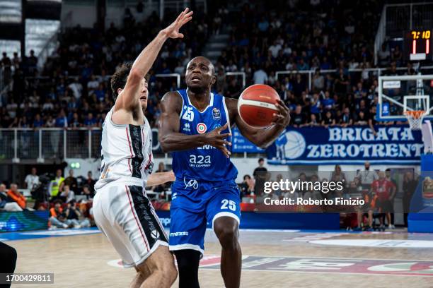 Alessandro Pajola of Virtus Segafredo Bologna and David Reginald Cournooh of Germani Brescia in action during the LBA FrecciaRossa Supercup 2023...