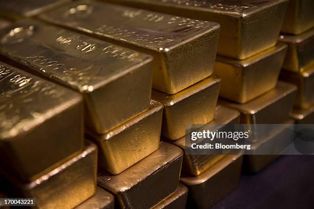 Gold bars, worth hundreds of thousands of dollars each, sit in a vault at the United States Mint at West Point in West Point, New York, U.S., on...