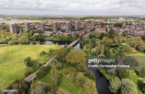 An aerial view of Tamworth showing the castle, the River Tame and the River Anker on September 25, 2023 in Tamworth, England. The Tamworth...
