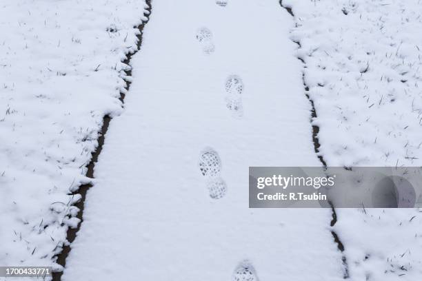 steps on snow covered path - footprints stock pictures, royalty-free photos & images