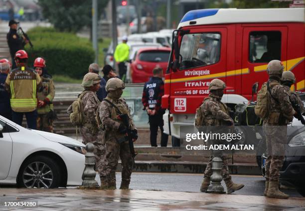 Members of Turkish Police Special Forces secure the area near the Interior Ministry following a bomb attack in Ankara, on October 1 leaving two...