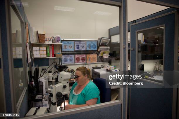 Quality Assurance Specialist Wendy Konzelmann inspects a coin using a microscope at the United States Mint at West Point in West Point, New York,...