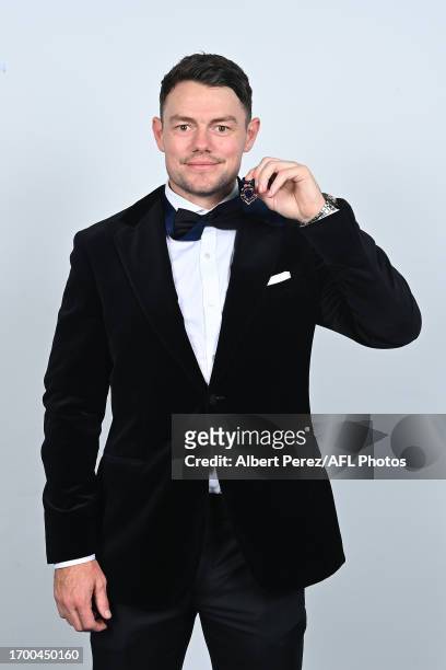 Lachie Neale of the Lions poses for portraits with the Brownlow Medal during the 2023 Brownlow Medal at The Gabba on September 25, 2023 in Brisbane,...