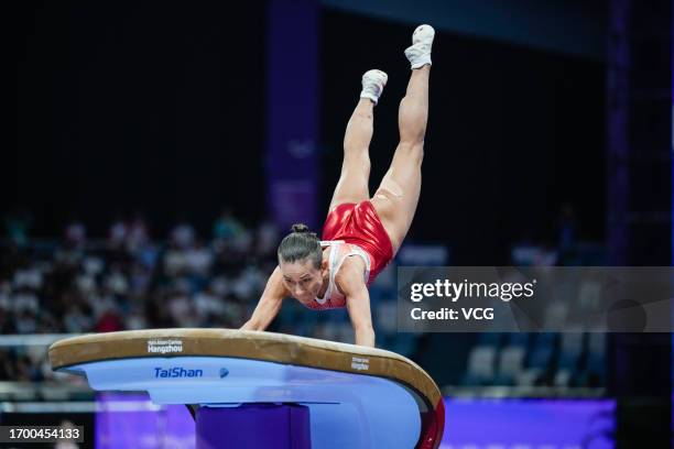 Oksana Chusovitina of Team Uzbekistan competes in the Artistic Gymnastics - Women's Vault Final on day two of the 19th Asian Games at Huanglong...