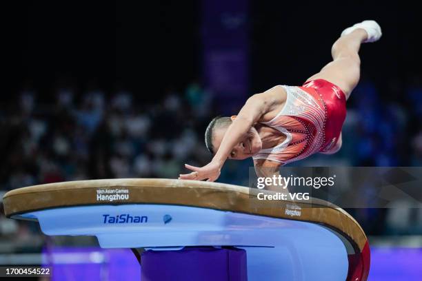 Oksana Chusovitina of Team Uzbekistan competes in the Artistic Gymnastics - Women's Vault Final on day two of the 19th Asian Games at Huanglong...