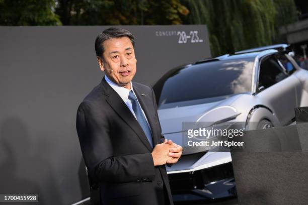 Chief Executive Officer, Makoto Uchida speaks onstage. Nissan launches it's new electric vehicle Concept 20-23 on a barge in the Paddington Canal on...