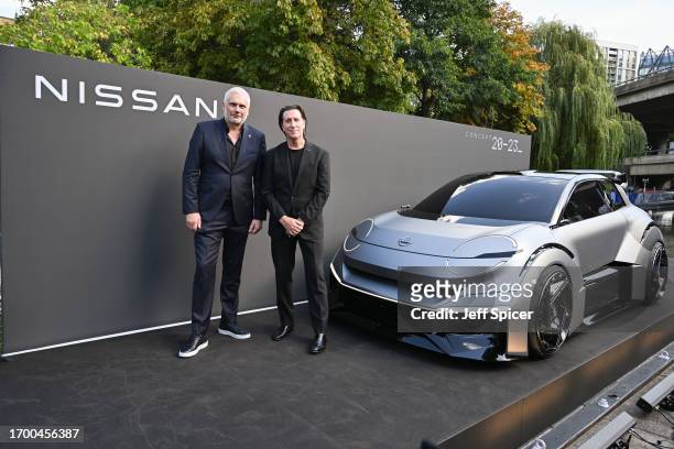 Vice President of Nissan Design Europe, Matthew Weaver and SVP of Global Design, Alfonso Albaisa pose for a photo. Nissan launches it's new electric...