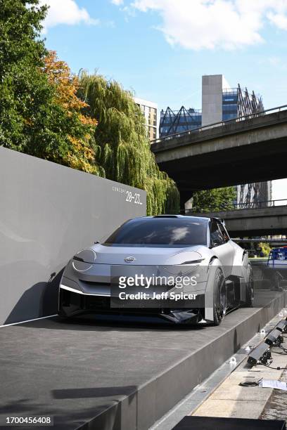 General view of the vehicle. Nissan launches it's new electric vehicle Concept 20-23 on a barge in the Paddington Canal on September 25, 2023 in...