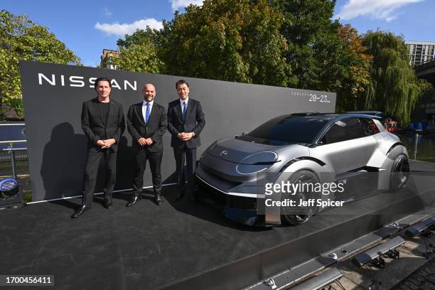 Of Global Design, Alfonso Albaisa, Chairman of AMIEO region, Guillaume Cartier and Chief Executive Officer, Makoto Uchida pose for a photo. Nissan...