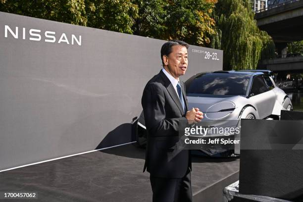 Chief Executive Officer, Makoto Uchida speaks onstage. Nissan launches it's new electric vehicle Concept 20-23 on a barge in the Paddington Canal on...