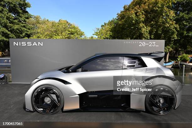 General view of the vehicle. Nissan launches it's new electric vehicle Concept 20-23 on a barge in the Paddington Canal on September 25, 2023 in...