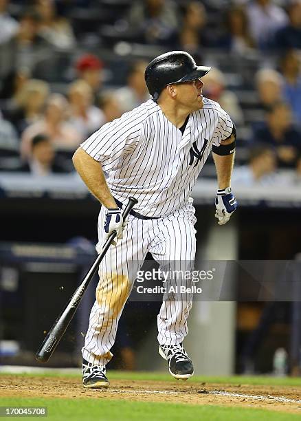 Kevin Youkilis of the New York Yankees in action against the Cleveland Indians during their game on June 4, 2013 at Yankee Stadium in the Bronx...