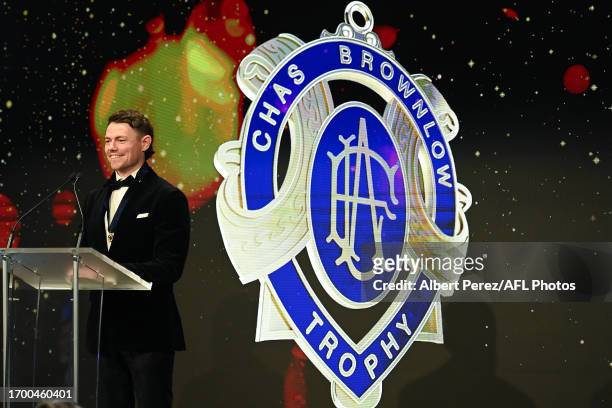 Lachie Neale of the Lions gives a speech after being awarded with the Brownlow Medal during the 2023 Brownlow Medal at The Gabba on September 25,...
