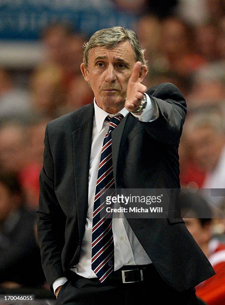 Head coach Svetislav Pesic of Muenchen gestures during game 5 of the semifinals of the Beko BBL playoffs between Brose Baskets and FC Bayern Muenchen...