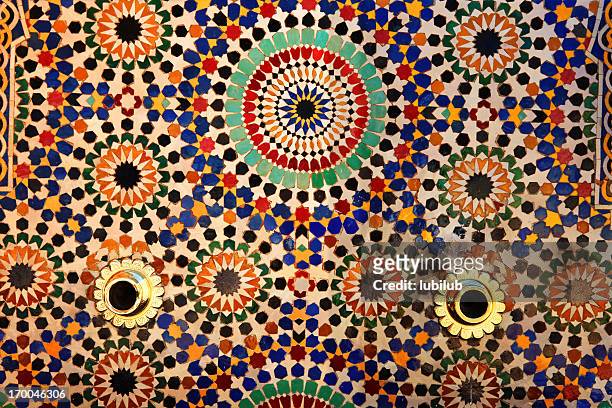 colorful tiles on fountain, mausoleum of mohammed v , rabat, morocco. - arabic style stock pictures, royalty-free photos & images