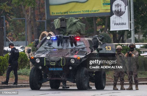 Members of Turkish Police Special Forces secure the area near the Interior Ministry following a bomb attack in Ankara, on October 1 leaving two...