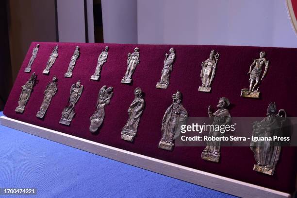 Italian Carabineers of Heritage Protection unveils the silver and gold manufacts part of the 14th century Lucignano's Golden Tree recovered after...