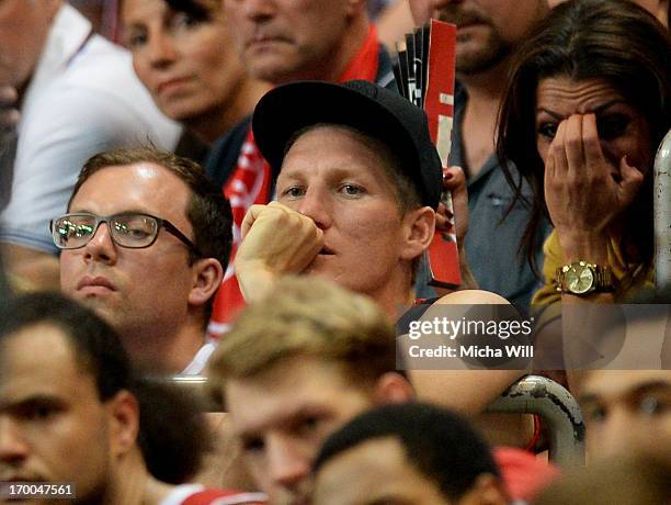 Bastian Schweinsteiger, player of the soccer team of Bayern Muenchen looks on during game 5 of the semifinals of the Beko BBL playoffs between Brose...