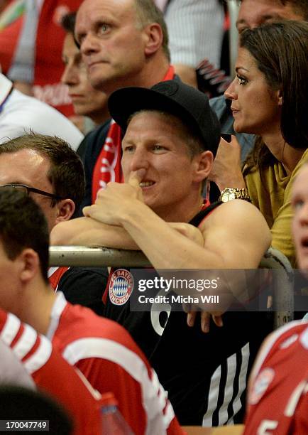 Bastian Schweinsteiger, player of the soccer team of Bayern Muenchen looks on during game 5 of the semifinals of the Beko BBL playoffs between Brose...