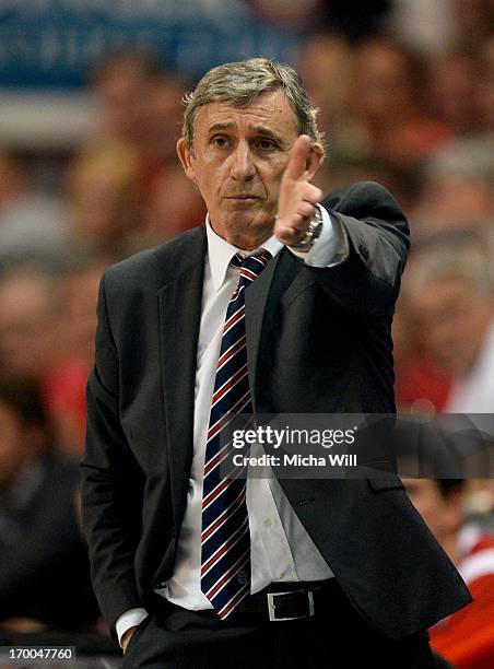 Head coach Svetislav Pesic of Muenchen reacts during game 5 of the semifinals of the Beko BBL playoffs between Brose Baskets and FC Bayern Muenchen...