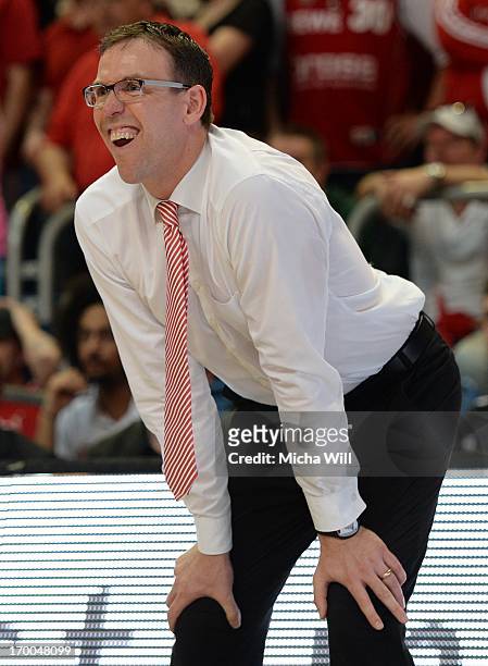 Head coach Chris Fleming of Bamberg reacts during game 5 of the semifinals of the Beko BBL playoffs between Brose Baskets and FC Bayern Muenchen at...