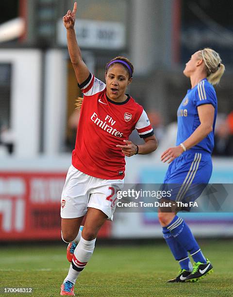 Alex Scott of Arsenal Ladies FC celebrates her goal during the FA WSL match between Arsenal Ladies FC and Chelsea Ladies FC at Meadow Park on June...