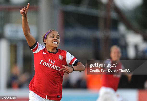 Alex Scott of Arsenal Ladies FC celebrates her goal during the FA WSL match between Arsenal Ladies FC and Chelsea Ladies FC at Meadow Park on June...